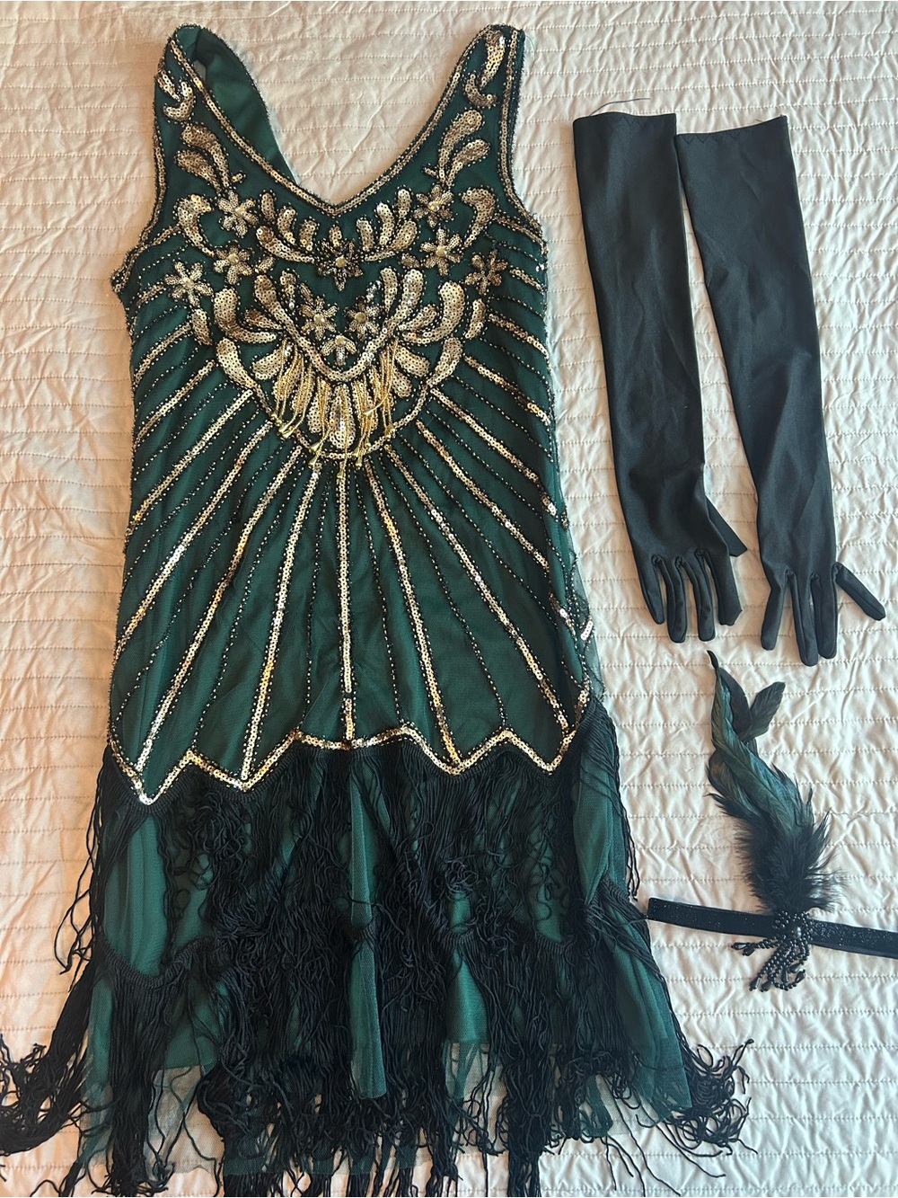 Embellished Emerald Green Flapper Dress with Fringe + gloves + headband